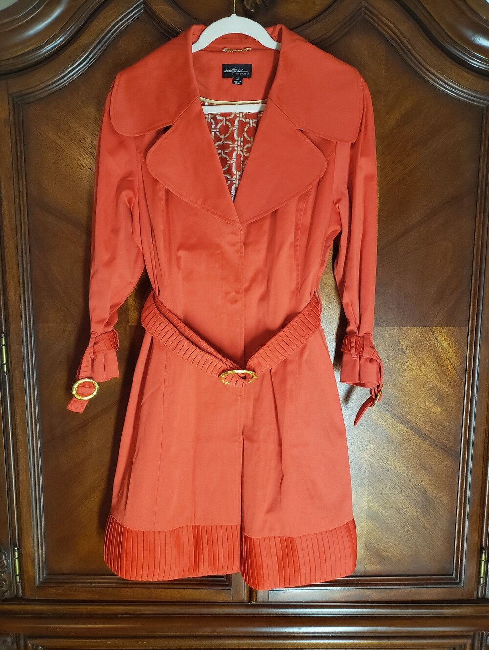 Dialogue by Elisabeth Hasselbeck Orange/Red Pleated Hem Belted Trench Coat Sz 14